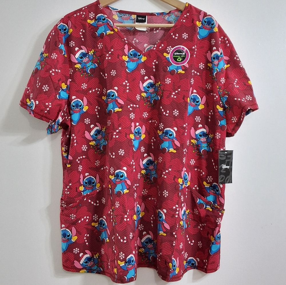 Disney Stitch Christmas Holiday Candy Cane V Neck Scrub Top, Size 2XL NWT